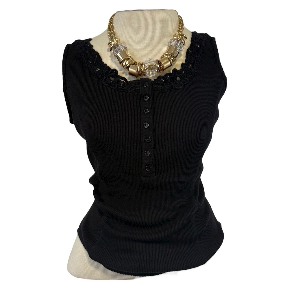 Vintage Together Black Bodysuit Buttoned Lace Trim 80s Tank Top 100% Cotton